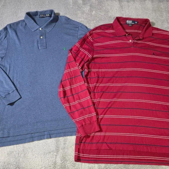 Polo Ralph Lauren Mens XXL 2XLT Long Sleeve Polo Shirt Lot Blue Red Striped Pima