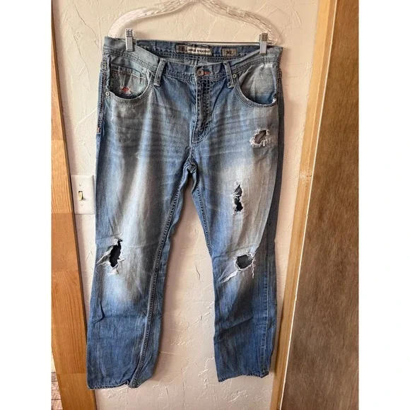 BKE Derek Straight Jeans Mens 36L‎ Distressed Blue Denim Ripped