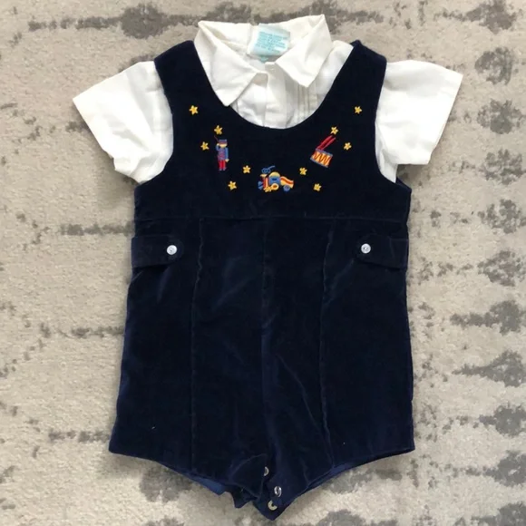Vintage Button up top with Velvet Overall Set
