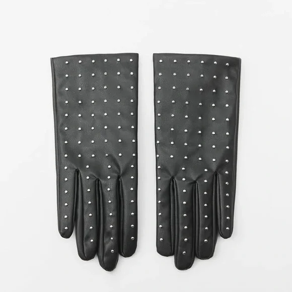 NWOT Zara Black Faux Leather Short Gloves with Mini Stud Appliqués.