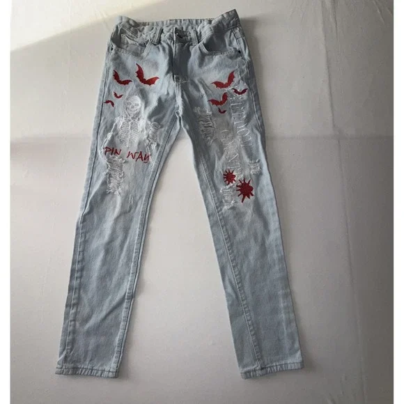 Mens Light Blue Denim Jeans With Red Bat & Skeleton Print Size 28 Streetwear‎