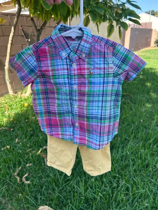 Ralph Lauren Short-Sleeve Plaid Button-Down Shirt in Pink, Green & Blue
