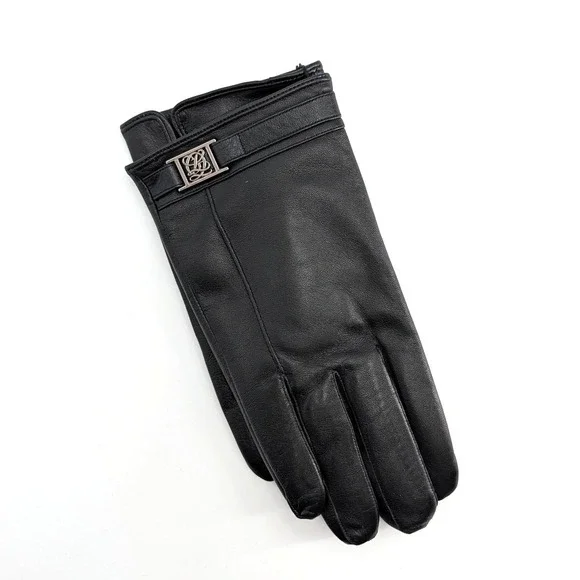 Louis Quatorze Black Sheepskin Leather Gloves Silver Logo Hardware NWT‎