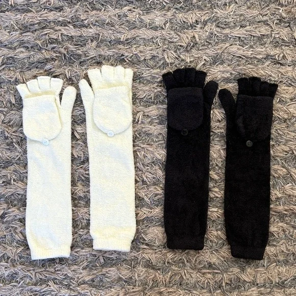 Long Convertible Fingerless Gloves with Mitt Flap, Black or Off-White, One Size