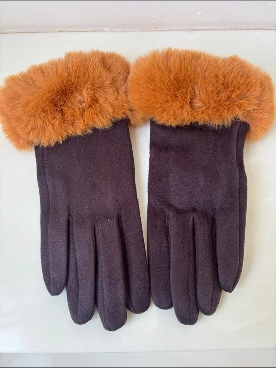 Plush Cuff Faux-Suede Women's Gloves in Chocolate Brown and Orange