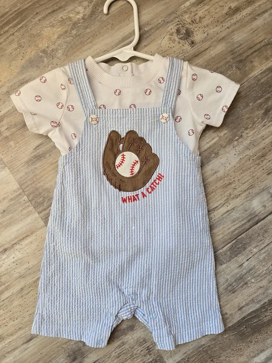 Baby Boys Blue Seersucker Baseball Shortalls with Graphic Tee