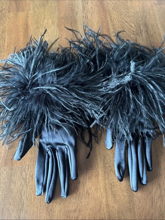 Black Feather Trim Satin Gloves - Women's Accessories