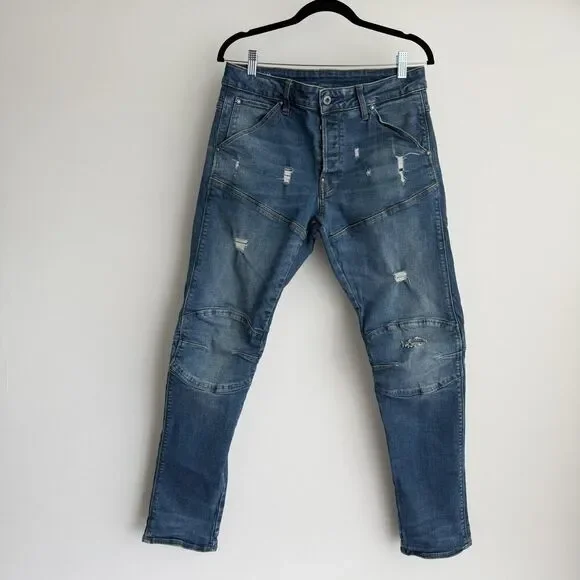 G-Star RAW Jeans Mens 32x32 Blue 5620 3D Slim Distressed Button Fly Moto Tapered