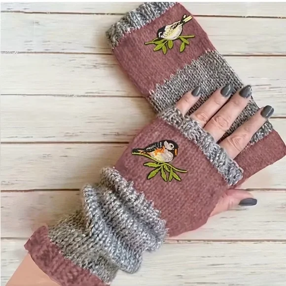 New! Handmade Bird Embroidered Fingerless Gloves in Dusty Rose and Gray
