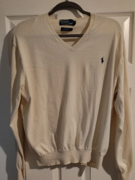 🆕Polo by Ralph Lauren Young Men's V-Neck Sweater in Cream with Navy Pony Sz XL
