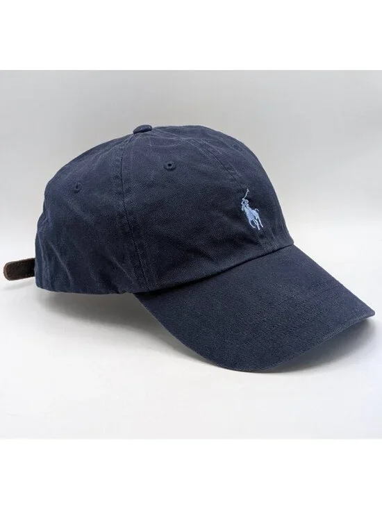 Vintage Polo Ralph Lauren Hat Navy & Light Blue Pony Logo Leather Strap Y2K