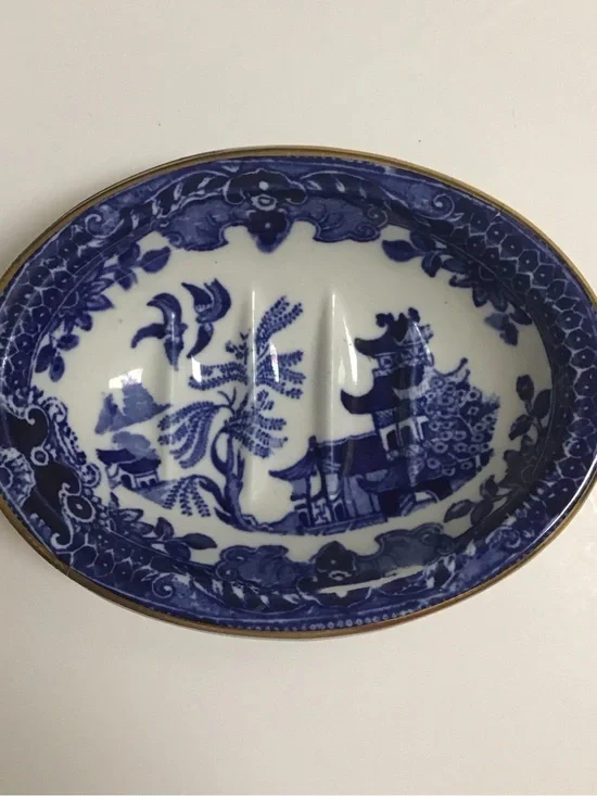 Blue Willow Antique 1920's England Burleigh Ware Oval Soap Dish Ridges Gold Rim
