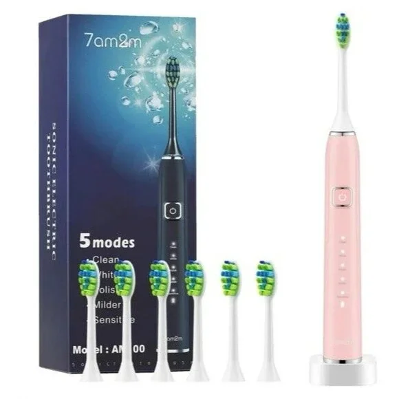 NEW 7AM2M Ultrasonic Electric Toothbrush Pink w/ 6 Brush Heads IPX7 Waterproof