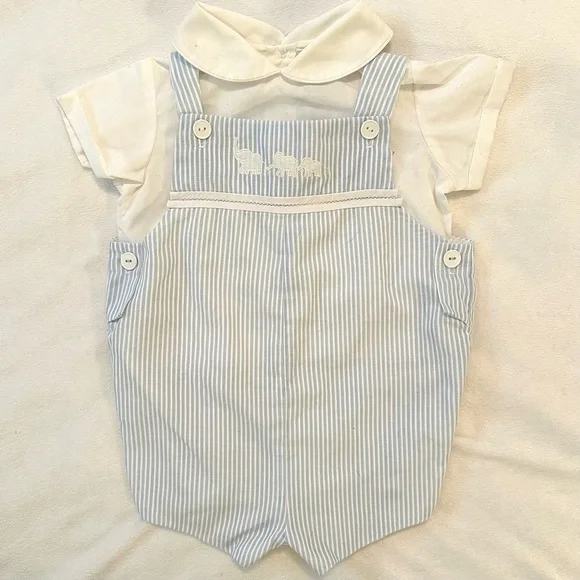 Vintage Baby Togs Boys Blue White Striped Elephants Shortall Romper 6-9M