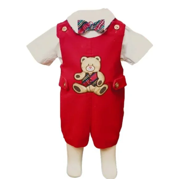 Vintage Baby Red Velvet Romper Set 6-9m White Shirt with Bow Tie Bear Applique