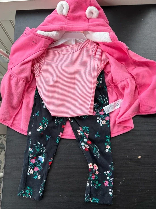 Pink Hooded Jacket with Pink Stripe Bodysuit & Black Floral Leggings Set