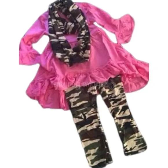 Hot Pink Hi/Lo Shirt with Camo Pants 3pc Set 1219XS 12-18 Months (I)NWT Boutique
