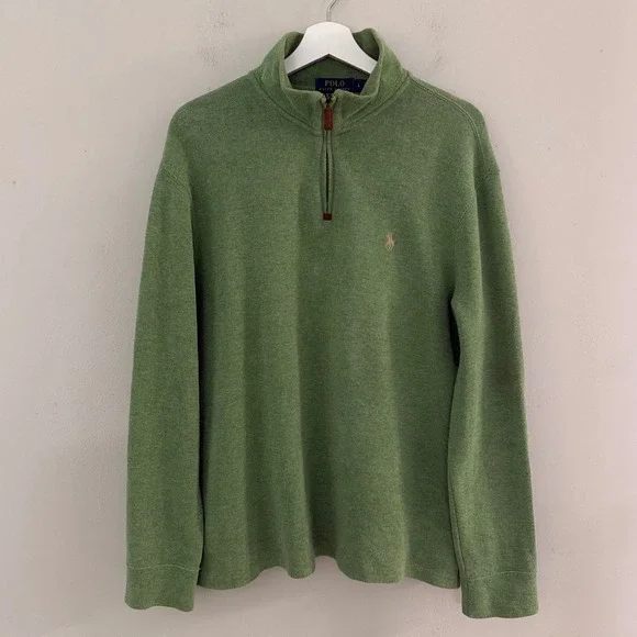 Polo Ralph Lauren Mens Large Sage Green 100% Cotton Quarter Zip Ribbed Sweater