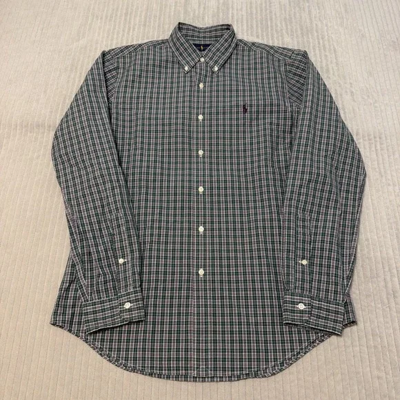 Polo Ralph Lauren Shirt Mens Medium Green Blue Plaid Classic Fit Button Down