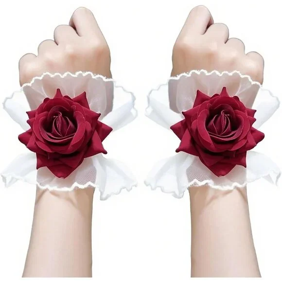 Women's White Gothic Rose Lace Elastic Bracelet Lolita Hand Wrist Cuff Gloves