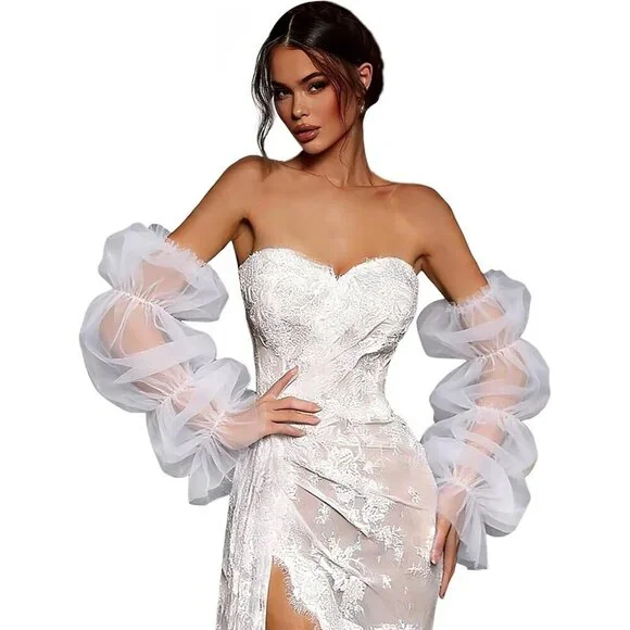 Women's White Long Lace Sheer Stretchy Puffy Ruffled Tulle Detachable Gloves
