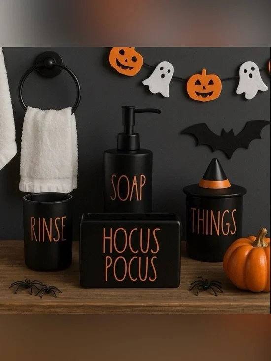 Rae Dunn Hocus Pocus Bathroom 4 piece set Spooky Ceramic Halloween New