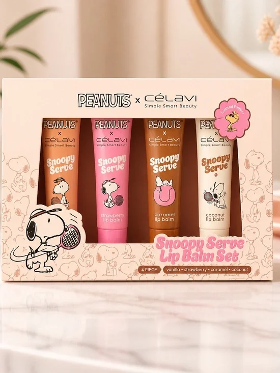Peanuts x Célavi Snoopy Serve 4 Pc Lip Balm Gift Set Limited Edition