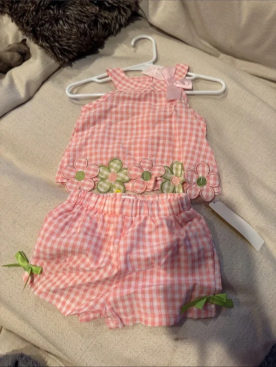 SHEIN Pink Gingham Floral Trim Kids Matching Set