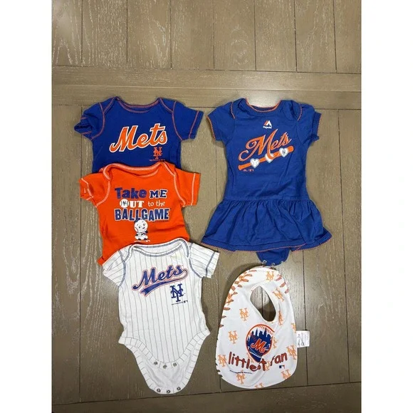 New York Mets Bodysuits 0-3 9m Blue‎ Orange MLB Fan Lot 5pc Majestic