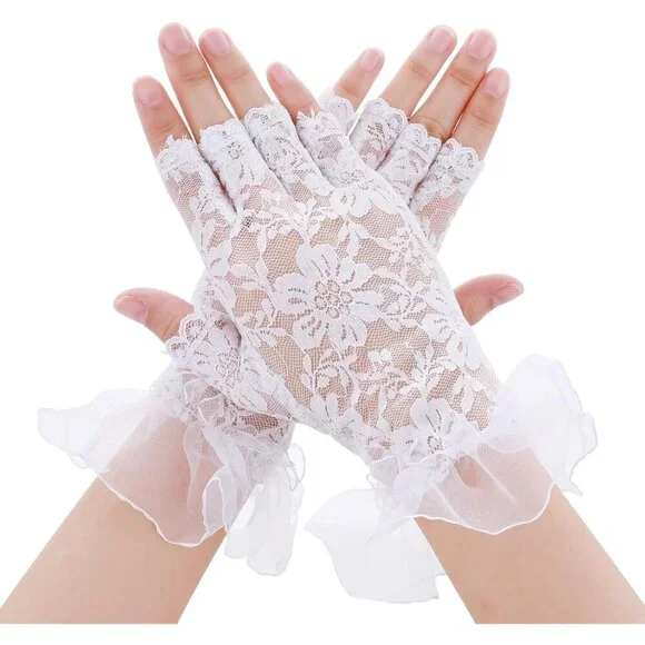 Women's White Lace Short Floral Finger Less Dress Up Costume Gloves