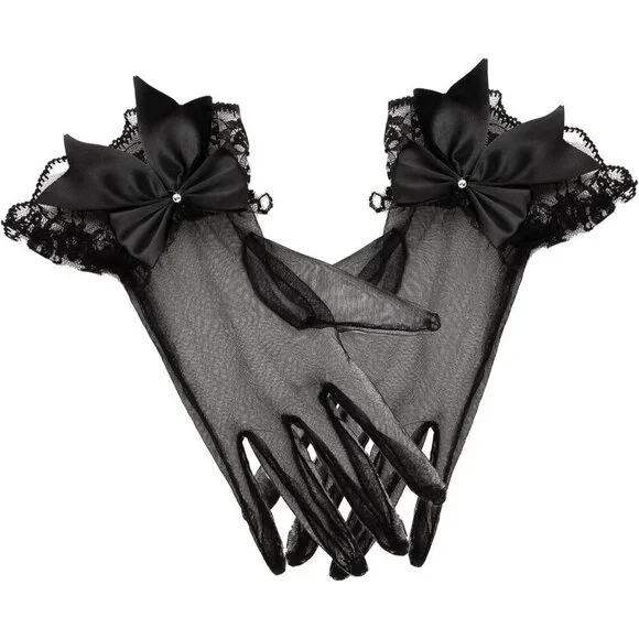 Women's Black Lace Short Wedding Ruffled Tulle Mitten Imported Polyester Gloves
