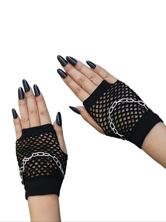 Black Fishnet Fingerless Gloves with Chain Accent