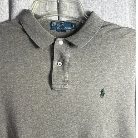Polo Ralph Lauren Mens L Grey Short Sleeve Cotton Pique Polo Shirt Green Pony