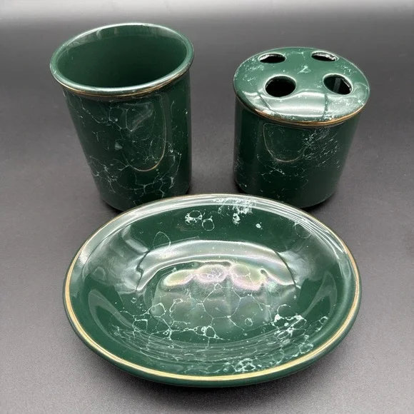 Green Marble Soap Dish Tumbler Toothbrush Holder Bathroom Set Vintage Gold Rim‎