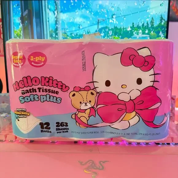 Hello Kitty Bath Tissue Soft 12 Rolls 3-Ply Pink Embossed Toilet Paper Sanrio