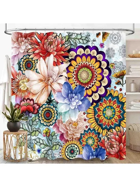 Boho Floral Shower Curtain Set - Vintage Peony Mandala, Waterproof Fabric