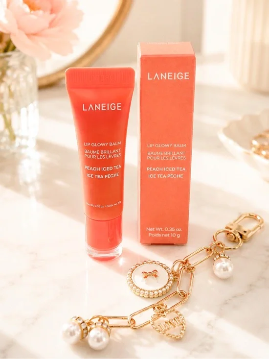 Laneige Peach Iced Tea Lip Balm + 33 Tabs Peach Pearl Charm NIB