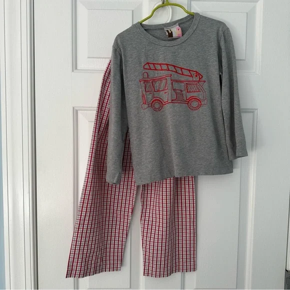 Banana Split Boys Gray & Red Fire Truck Check Pant & Long Sleeve Shirt Set Sz 6