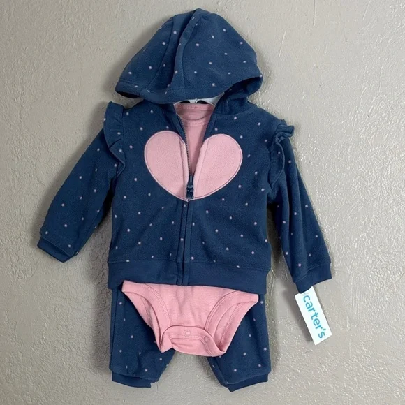 Baby Girl Carter’s Navy Heart 3-Piece Fleece Set 3mo Valentines