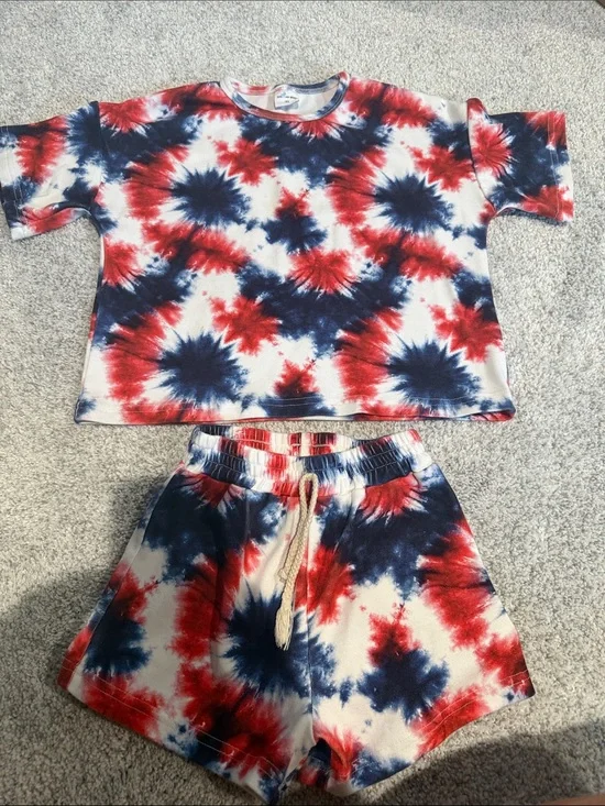 Kids Red, Navy & White Tie-Dye Pajama Set - Matching Shorts & Tee
