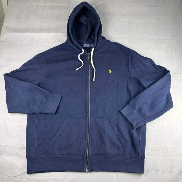 Polo Ralph Lauren Full Zip Fleece Hoodie Mens XXL Navy Blue Yellow Pony Logo