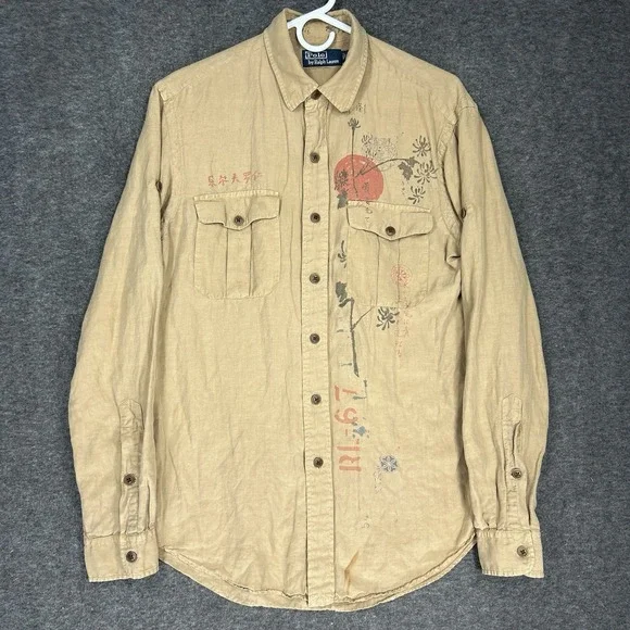 Vintage Polo Ralph Lauren Shirt Mens M Tan Asian Chinese Theme Silk Linen