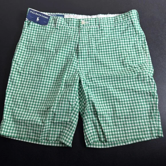Polo Ralph Lauren Shorts Mens 35 Green Gingham Suffolk Cotton Classic Preppy