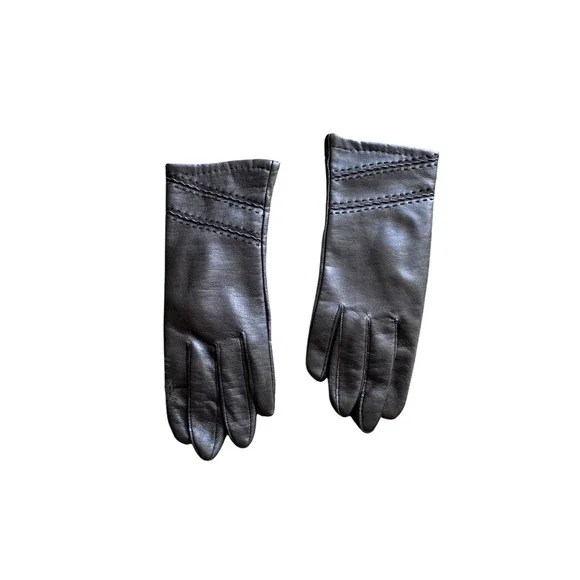 Vintage Dark Brown Leather Gloves Decorative Stitching Knit Lined Size 7.5-8.5