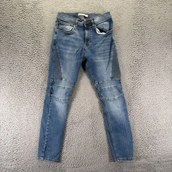 Zara Jeans Mens 31x28 Blue Cotton Denim Skinny Leg Faded Biker Workwear Stretch