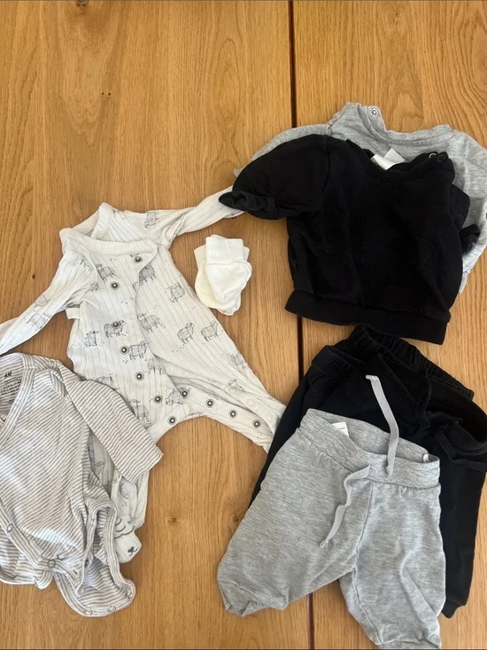 Carter's and H&M Neutral Newborn Baby Bundle—onesie, sweat set, baby gloves