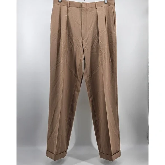 VTG Polo Ralph Lauren Dress Pants Mens 36 Tan Wool Double Pleated Italy Cuffed