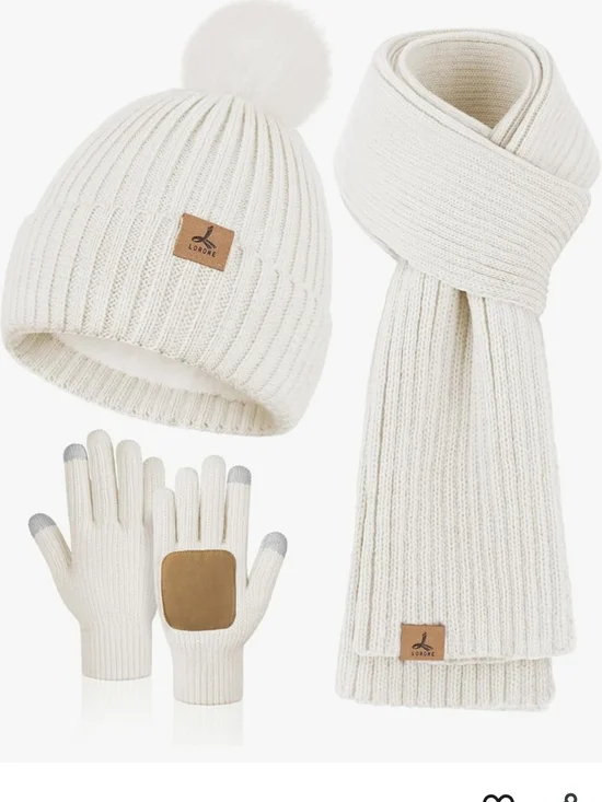 Women's Ivory Knit Beanie, Scarf & Touchscreen Gloves Set
