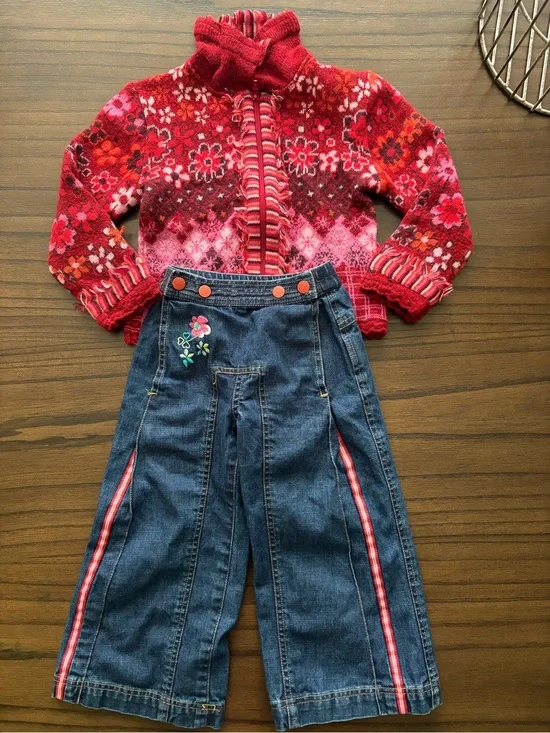 Oilily Red Floral Knit Zip Sweater with Denim Embroidered Pants