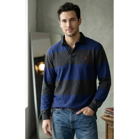 VTG 90s Polo Ralph Lauren Blue Gray Stripe Rugby Shirt Sz XL‎ Preppy Classic